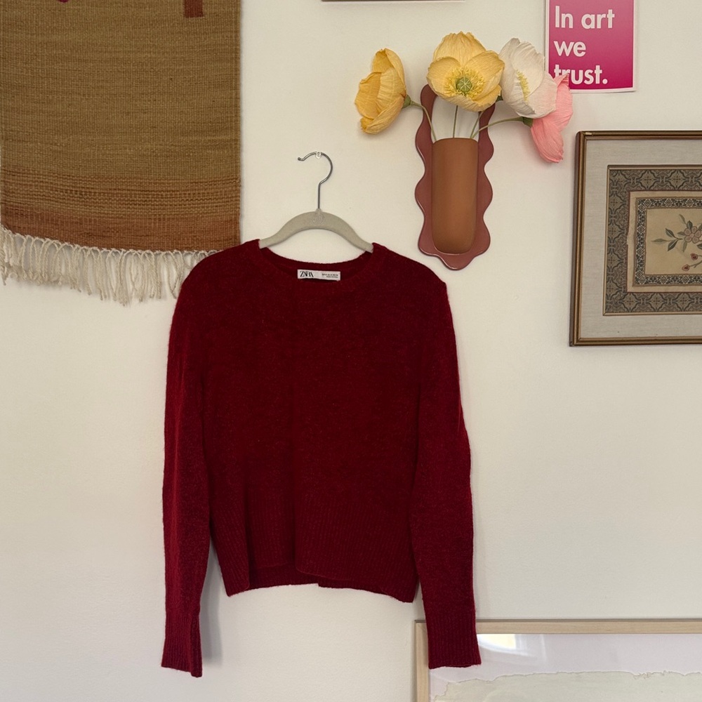 Zara Red Fuzzy Crewneck Sweater